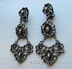 Vintage Sterling Silver Earrings Chandelier 3 Tier Baroque Scroll Design Signed