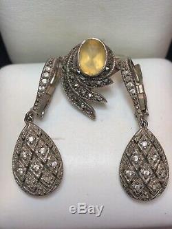 Vintage Sterling Silver Earrings Designer Signed Espo & Ring Art Deco Citrine