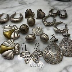 Vintage Sterling Silver Earrings Heart Engraved Filigree Hoop Stud 94g Lot