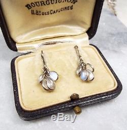 Vintage Sterling Silver Edwardian Dainty Moonstone Cabochon Hook Drop Earrings