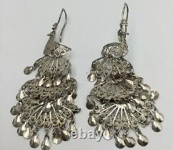 Vintage Sterling Silver Filigree Peacock Chandelier Drop Dangle Earrings 925