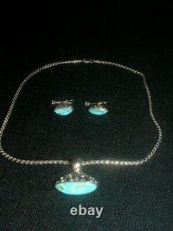 Vintage Sterling Silver Filigree Turquoise Necklace & Earrings Chunky Set Native
