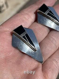 Vintage Sterling Silver & Fine Black Onyx Inlay Earrings by Ray Tracy, Navajo