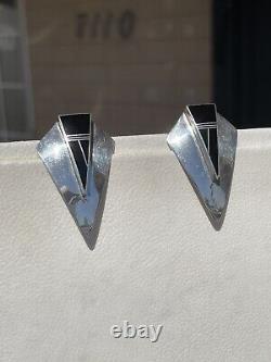 Vintage Sterling Silver & Fine Black Onyx Inlay Earrings by Ray Tracy, Navajo