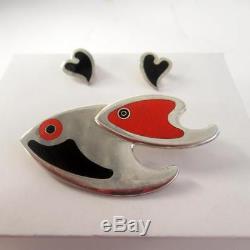 Vintage Sterling Silver Fish Design Brooch & Clip-on Earrings Made in Denmark