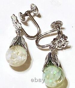 Vintage Sterling Silver Floating Opal Tulip Cap Glass Globe Earrings Dangle L1