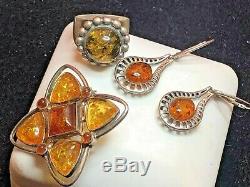 Vintage Sterling Silver Genuine Amber Ring Signed Ott Pin Earrings Drop Lot