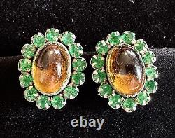 Vintage Sterling Silver Glass Cabochon & Rhinestone Clip-on Earrings