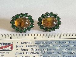 Vintage Sterling Silver Glass Cabochon & Rhinestone Clip-on Earrings