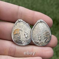 Vintage Sterling Silver & Gold Earrings Native American Signed Mike Smith Clip