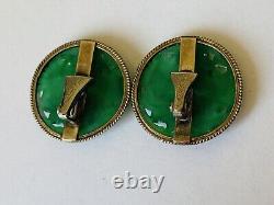 Vintage Sterling Silver Gold Vermeil Carved Green Resin Jade Clip-on earrings