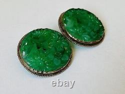 Vintage Sterling Silver Gold Vermeil Carved Green Resin Jade Clip-on earrings