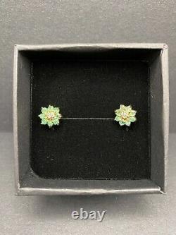 Vintage Sterling Silver Gold Vermeil Jade and Diamond Flower Stud Earrings
