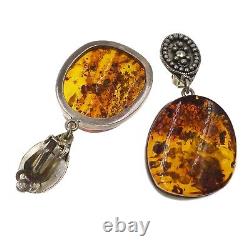 Vintage Sterling Silver Golden Orange Amber Clip-On Earrings