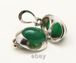 Vintage Sterling Silver Green Chalcedony Cabochon Stone Clip On Earrings Signed