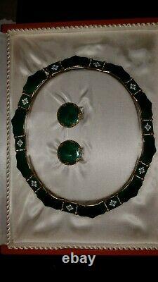 Vintage Sterling Silver& Green Enamel Floral Necklace & Earrings David Andersen