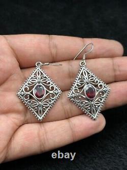 Vintage Sterling Silver Handmade Beautiful Earrings With Faceted Garnet Stone