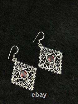 Vintage Sterling Silver Handmade Beautiful Earrings With Faceted Garnet Stone