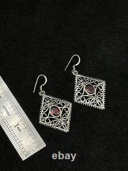 Vintage Sterling Silver Handmade Beautiful Earrings With Faceted Garnet Stone