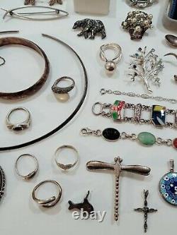 Vintage Sterling Silver Jewelry Lot. 516 grams. Brooches, Earrings, Bracelets +