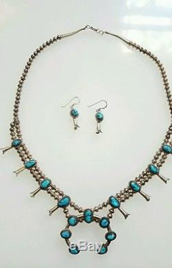 Vintage Sterling Silver Kingman Turquoise Squash Blossom Necklace Navajo Earring
