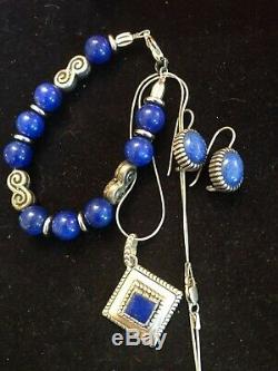 Vintage Sterling Silver Lapis Pendant Necklace Earrings & Bracelet Southwestern