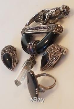 Vintage Sterling Silver Leopard Onyx Marcasite Crystal Earrings Ring Brooch