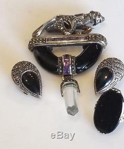 Vintage Sterling Silver Leopard Onyx Marcasite Crystal Earrings Ring Brooch