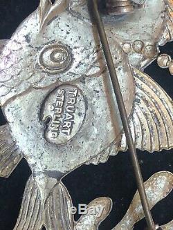 Vintage Sterling Silver Lot Pins Signed Truart Fish Flowers Earrings