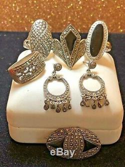 Vintage Sterling Silver Lot Rings Pins Earrings Black Onyx Gemstone Marcasite
