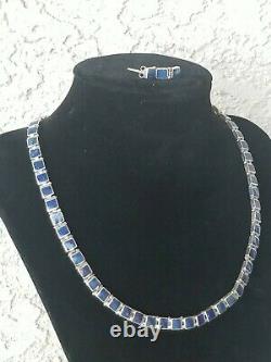 Vintage Sterling Silver Made in Chile Inlaid Lapis Pierced Earring & Necklace