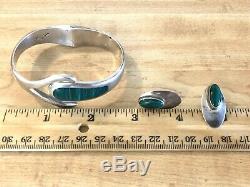 Vintage Sterling Silver Malachite Clamper Cuff Bracelet & Earrings Set 925 Taxco