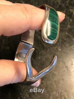 Vintage Sterling Silver Malachite Clamper Cuff Bracelet & Earrings Set 925 Taxco