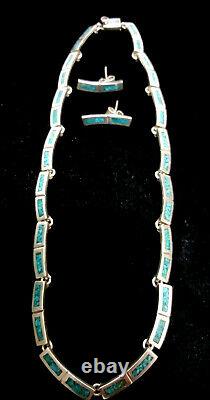 Vintage Sterling Silver Malachite Necklace & Earrings 925 Mexico Taxco 31 Grm