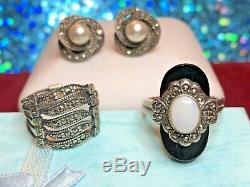 Vintage Sterling Silver Marcasite Opal Ring Designer Signed & Earring Art Deco