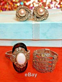 Vintage Sterling Silver Marcasite Opal Ring Designer Signed & Earring Art Deco