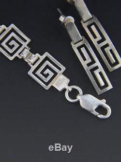 Vintage Sterling Silver Mexican Fine Geometric Greek Key Necklace Earring Set
