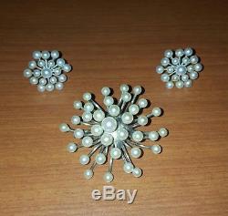 Vintage Sterling Silver Mikimoto Cluster Pearl Earrings (signed) with Brooch