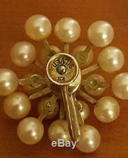 Vintage Sterling Silver Mikimoto Cluster Pearl Earrings (signed) with Brooch