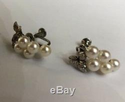 Vintage Sterling Silver Mikimoto Pearls Screw Fastener Earrings Grape Vine