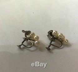 Vintage Sterling Silver Mikimoto Pearls Screw Fastener Earrings Grape Vine