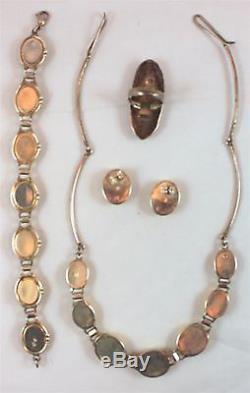 Vintage Sterling Silver & Milk Amber Necklace, Ring, Bracelet & Pierced Earrings