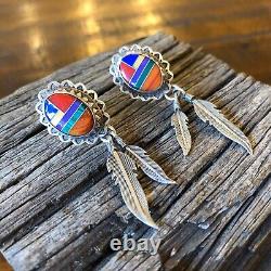 Vintage Sterling Silver Multi Stone Conch Feather Dangle Earrings, USA Design