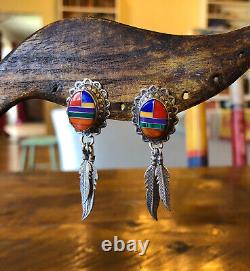 Vintage Sterling Silver Multi Stone Conch Feather Dangle Earrings, USA Design