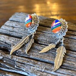 Vintage Sterling Silver Multi Stone Conch Feather Dangle Earrings, USA Design