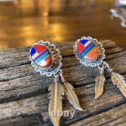 Vintage Sterling Silver Multi Stone Conch Feather Dangle Earrings, USA Design