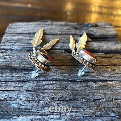 Vintage Sterling Silver Multi Stone Conch Feather Dangle Earrings, USA Design