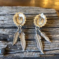 Vintage Sterling Silver Multi Stone Conch Feather Dangle Earrings, USA Design