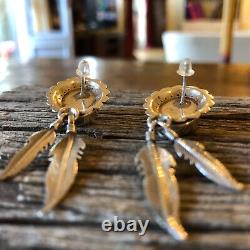 Vintage Sterling Silver Multi Stone Conch Feather Dangle Earrings, USA Design