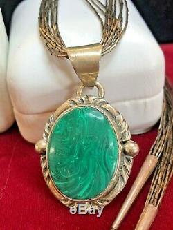 Vintage Sterling Silver Native American Earring Fetish Malachite Necklace Mexico